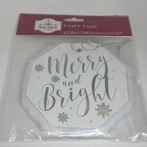 Holiday Time 3 Gift Tags Merry & Bright Christmas FUZZY WHITE - NEW